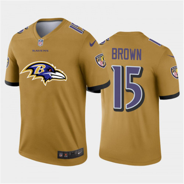 Men's Baltimore Ravens #15 Marquise Brown Gold 2020 Team Big Logo Inverted Legend Stitched Jersey